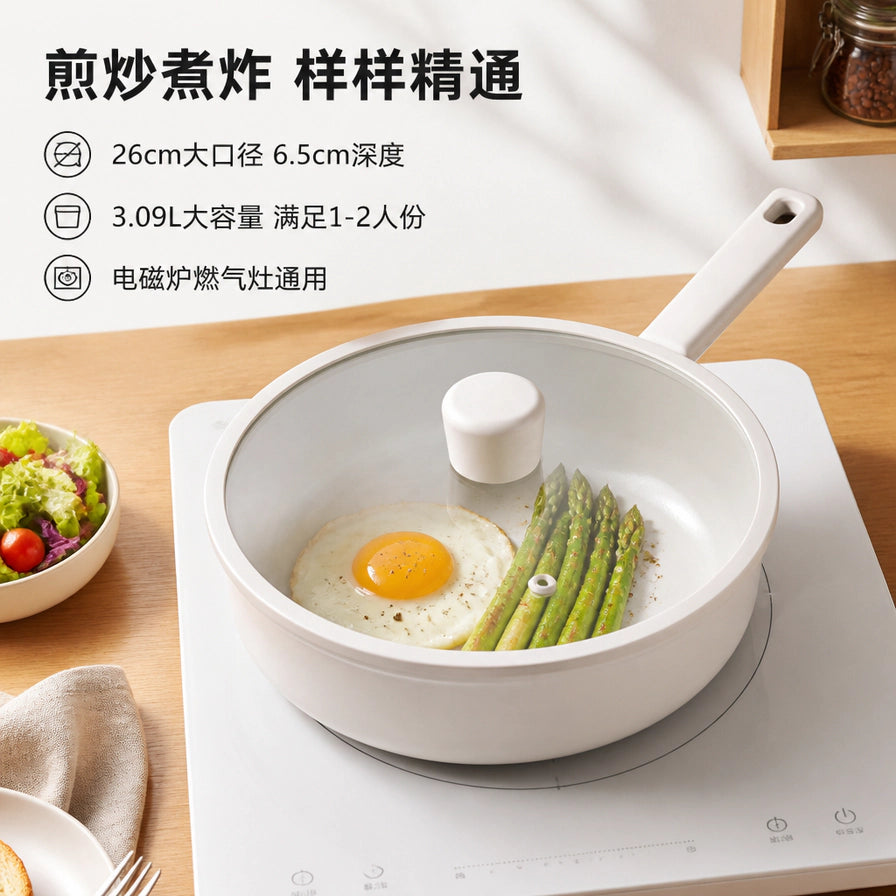 白色平底锅放置在电磁炉上烹饪煎蛋和芦笋，左上角标有中文：煎炒煮炸样样精通，并列出26cm口径、3.09L大容量及电磁炉燃气灶通用卖点。