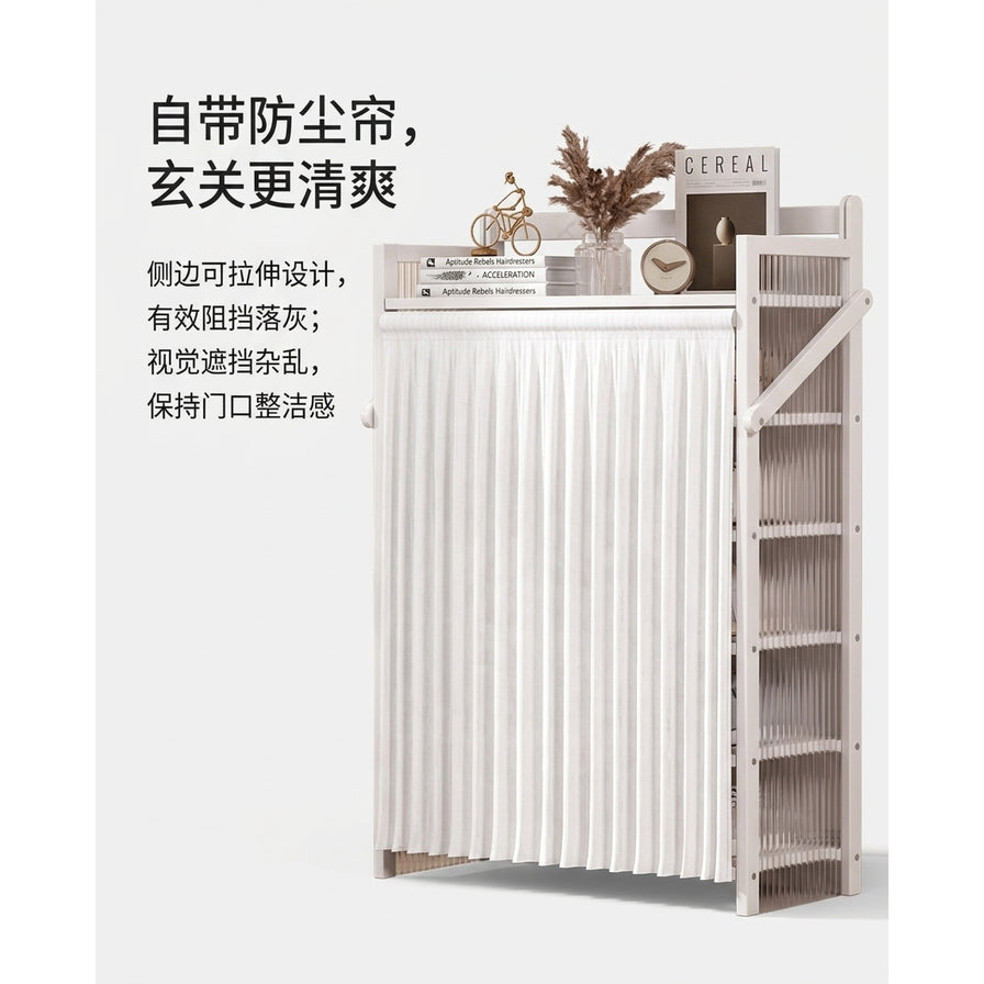 鞋架侧面防尘帘完全拉上的展示图，遮挡内部鞋子，图片左侧配有中文卖点说明文字。