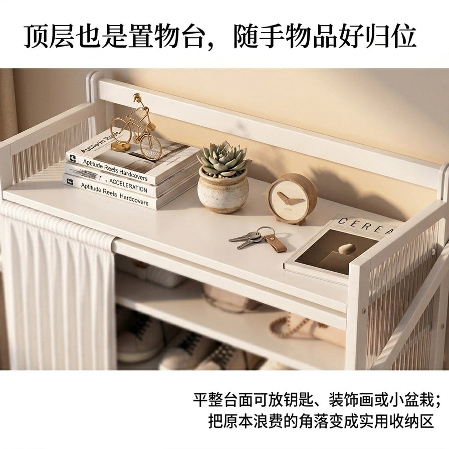 鞋架顶层置物台特写，摆放多肉盆栽、时钟、钥匙和杂志，图片上方和下方配有中文说明文字。