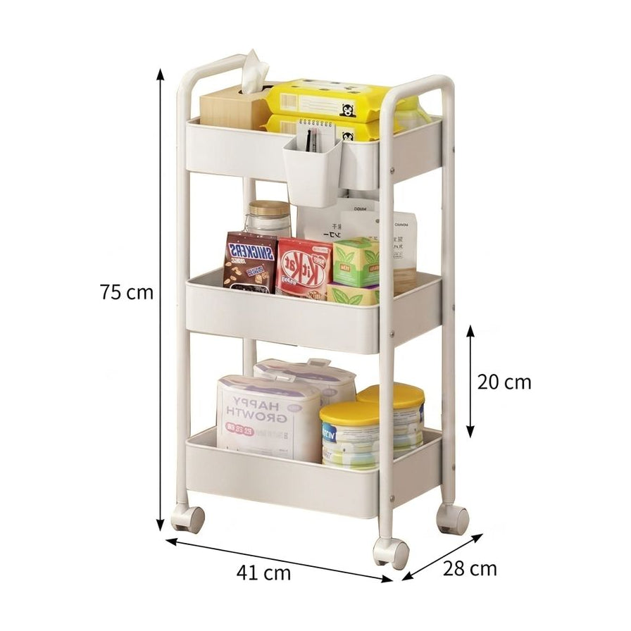 白色三层置物架尺寸示意图，标注了整体高度 75cm、宽度 41cm、深度 28cm 及层高 20cm。