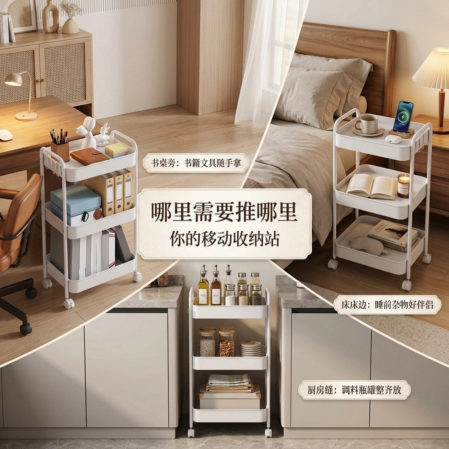 白色移动收纳车多场景展示拼图，包含书桌旁、床边及厨房缝隙的使用效果，图片叠加了中文卖点说明文字。