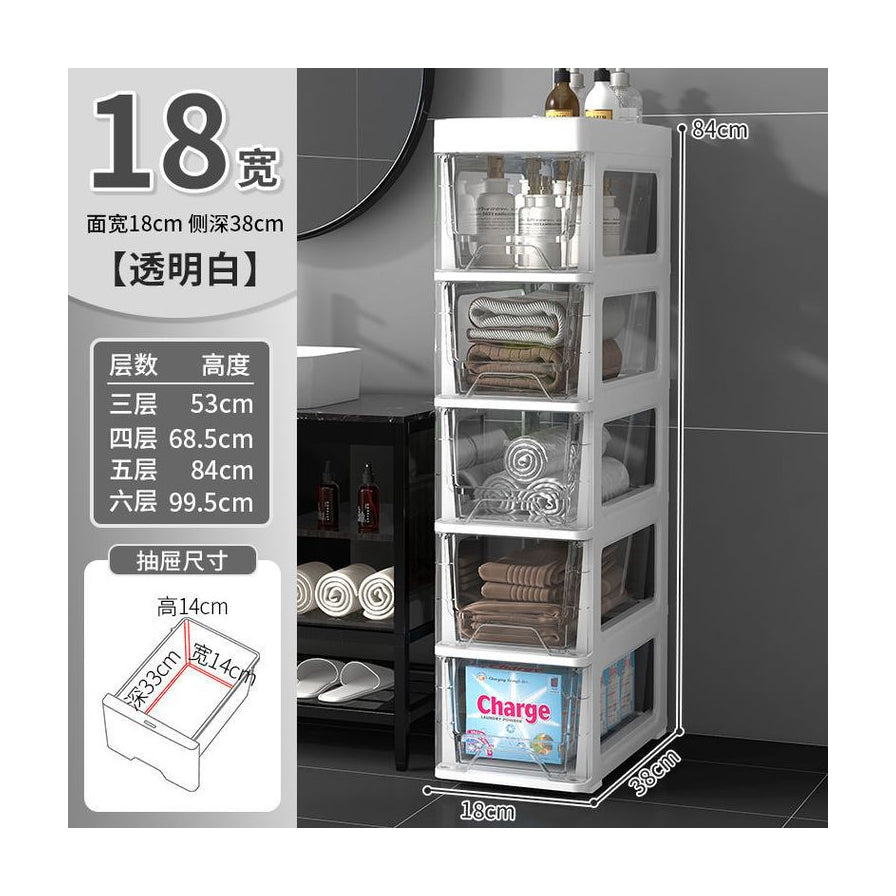 浴室场景中的白色置物架尺寸示意图，标注了宽 18cm、深 38cm、高 84cm 及各层高度数据。