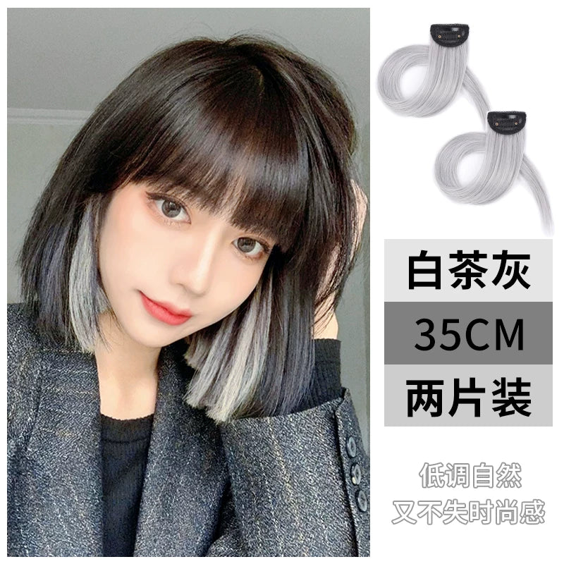 模特佩戴效果展示，深色短发搭配两侧白茶灰挂耳染假发片，右侧附产品图及中文卖点文案。