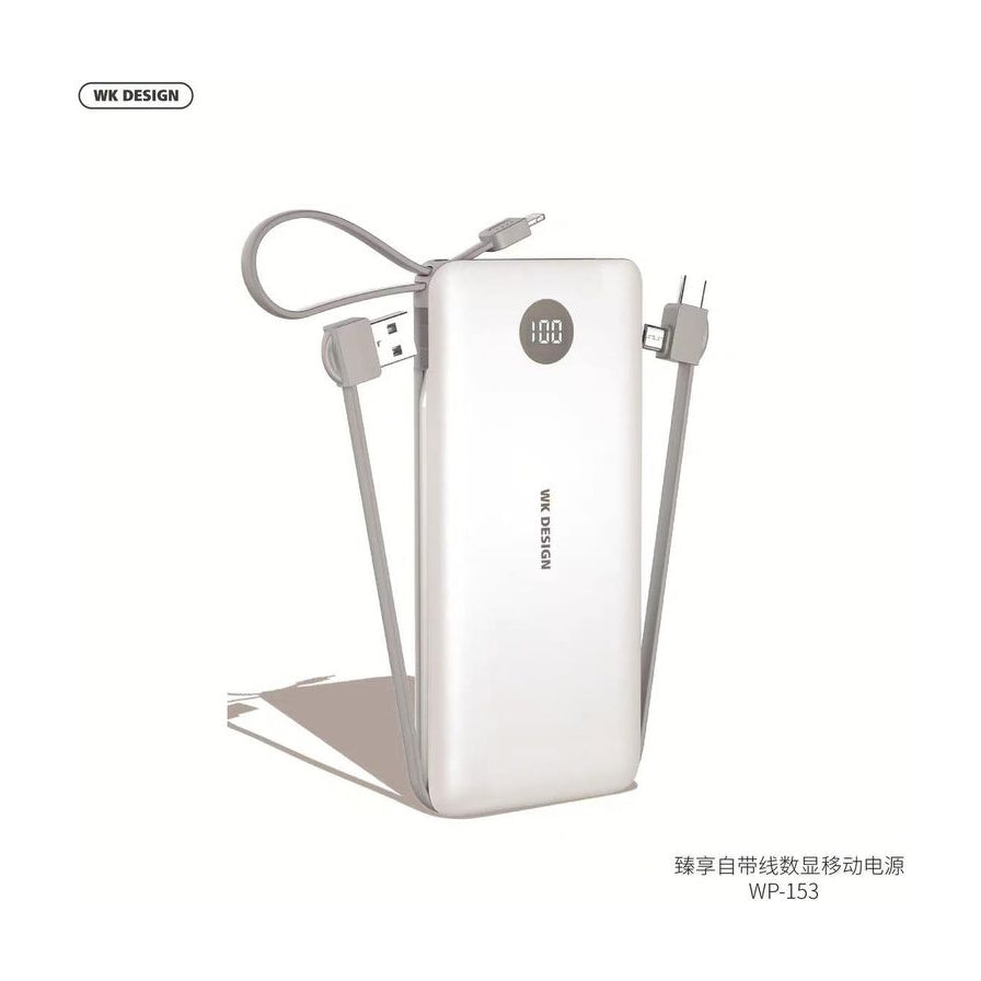 WK WP - 153 白色移动电源正面特写，展示圆形 LED 电量显示屏和自带的 USB、Type - C 及 Lightning 充电线接口。