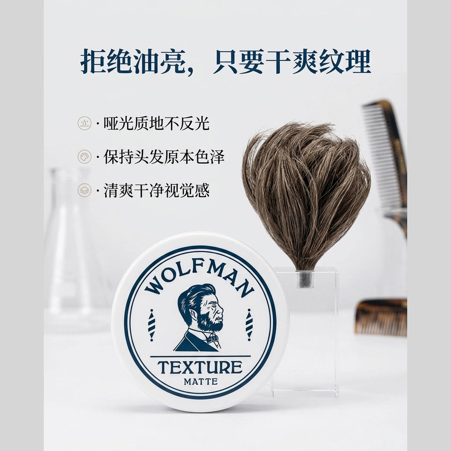 Wolfman 发泥产品与发型模特头展示，配有中文卖点说明强调干爽纹理和不反光效果。