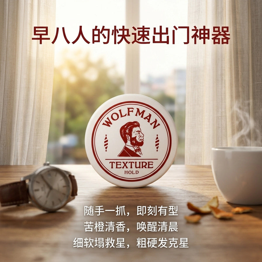 Wolfman 发油置于清晨窗边木桌的生活场景图，旁边有手表和咖啡，配有早八人快速出门神器中文文案。