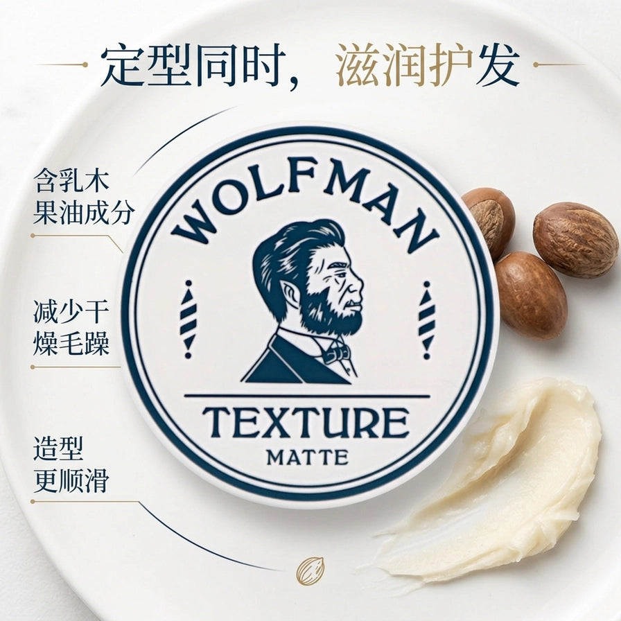 Wolfman 发泥成分示意图，展示乳木果油原料与膏体，配有中文说明强调滋润护发功效。