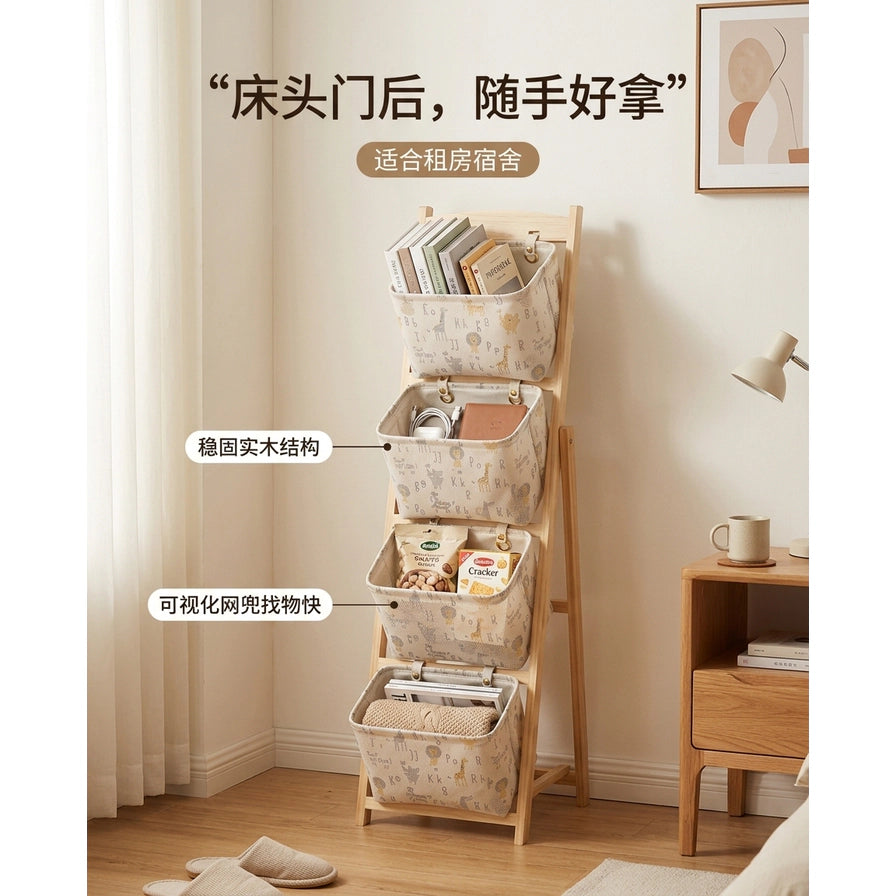 收纳架置于卧室角落场景图，装有书籍和零食，带有中文卖点说明文字。