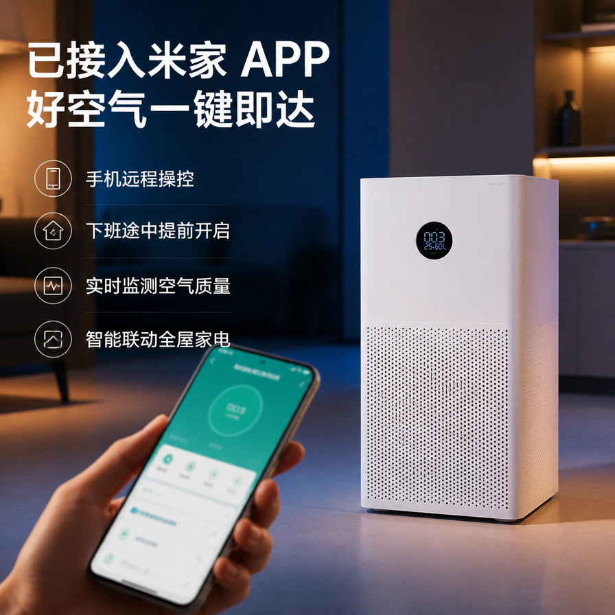 手持手机展示米家 APP 界面，与背景中的小米空气净化器 4 Lite 联动，体现智能远程操控功能。