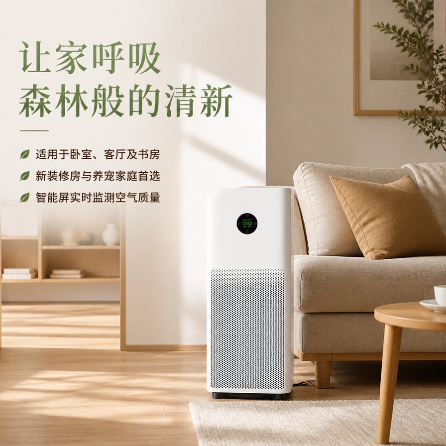 小米空气净化器在温馨客厅的使用场景图，配有文字说明适用于卧室客厅、新装修房及养宠家庭。