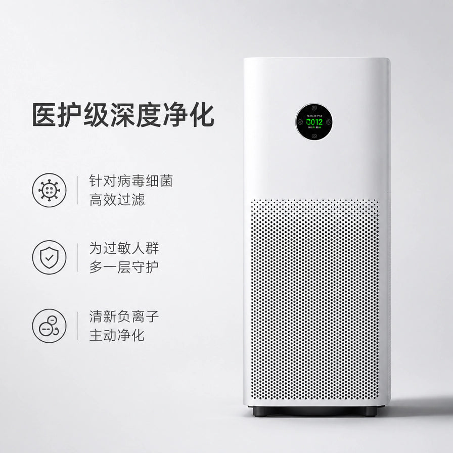 小米空气净化器卖点展示图，文字说明包含医护级深度净化、针对病毒细菌高效过滤、清新负离子主动净化。