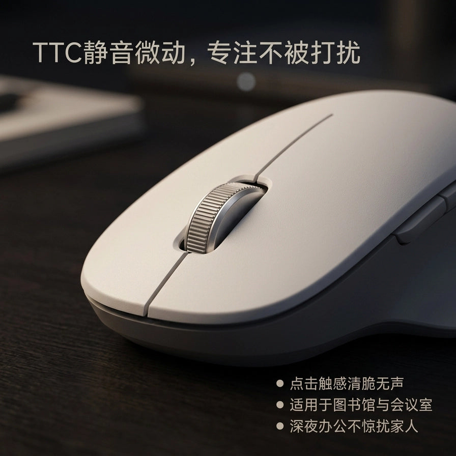 小米无线鼠标舒适版滚轮细节特写，配有TTC静音微动卖点文字说明。