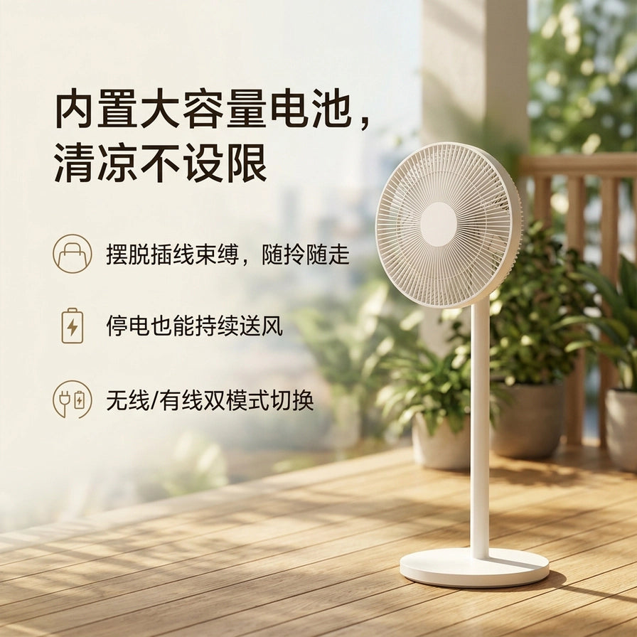 小米落地扇在阳光充足的阳台场景，配有中文卖点文字：内置大容量电池、摆脱插线束缚、停电持续送风、无线有线双模式。