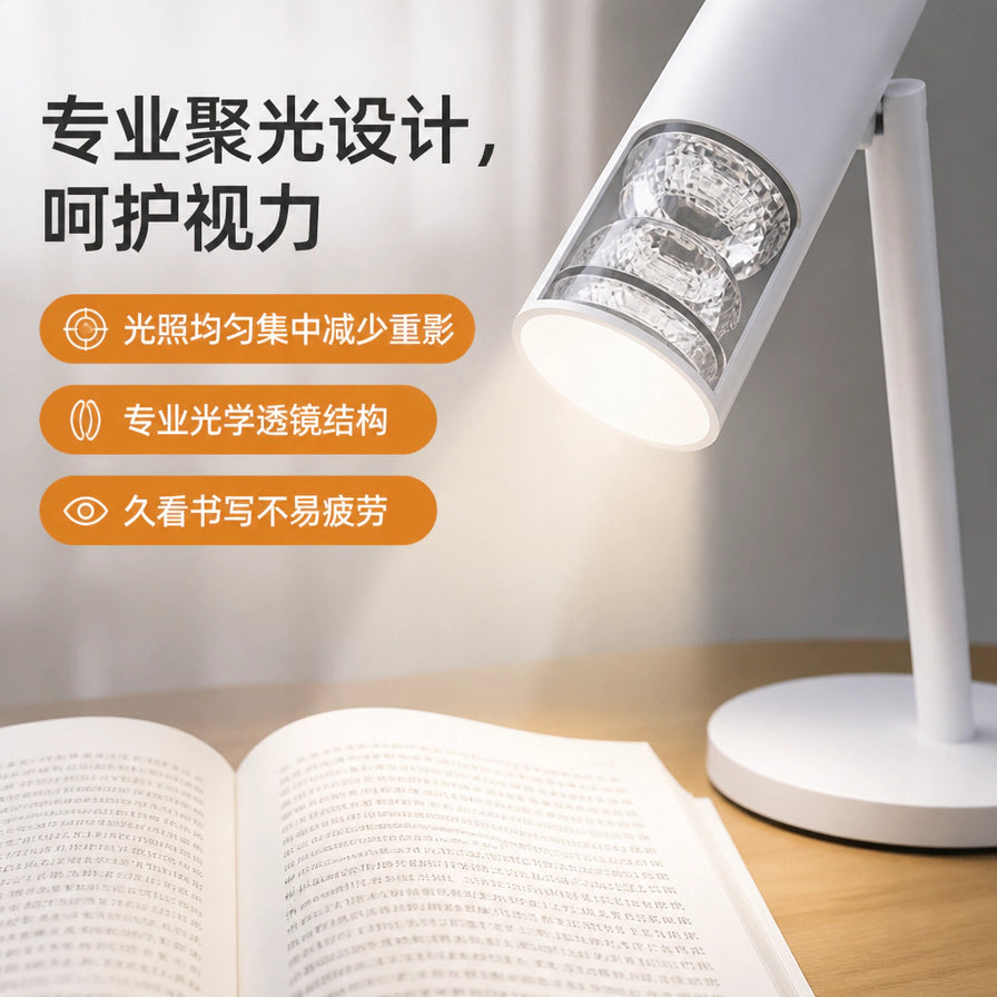 台灯专业聚光设计细节展示，透视灯头内部光学透镜结构，光线均匀照射在书本上，配有护眼卖点文字。