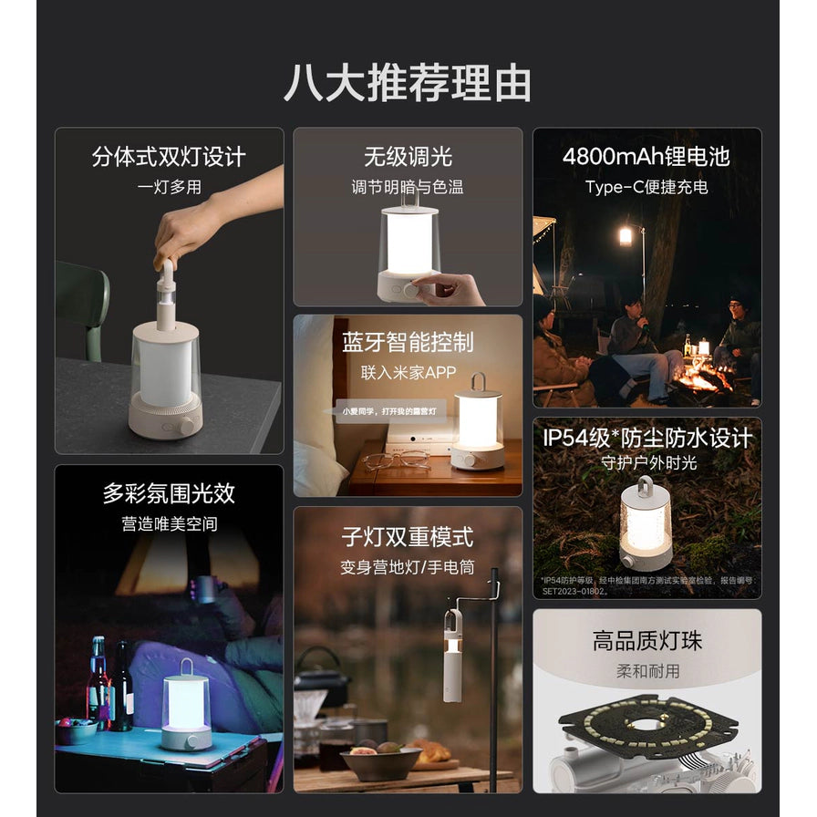 小米米家分体露营灯的八大推荐理由海报，包含分体设计、无极调光、蓝牙控制、防尘防水等功能的图文介绍。