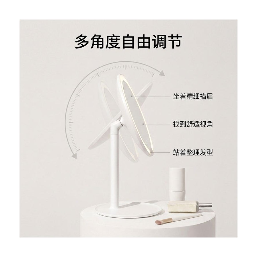 多角度自由调节功能示意图，配有中文说明展示坐着描眉和站着整理发型的视角。