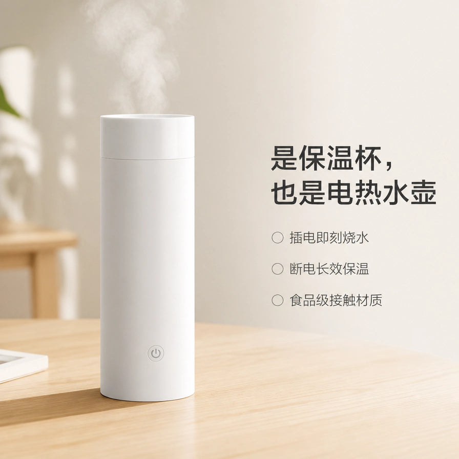 小米便携电热杯放置在木质桌面上，杯口冒着热气，右侧配有中文说明文字：是保温杯，也是电热水壶。