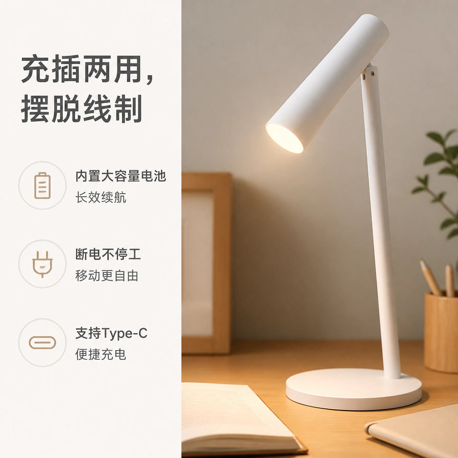 小米智能充电台灯在书桌上的使用场景，左侧带有充插两用、内置大容量电池、支持Type - C充电的中文卖点说明。