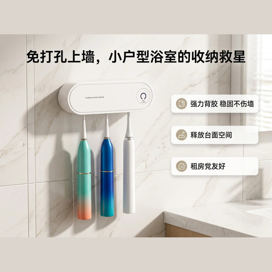 大理石墙面背景下的牙刷架展示图，配有中文浮层说明免打孔安装和节省空间等卖点。