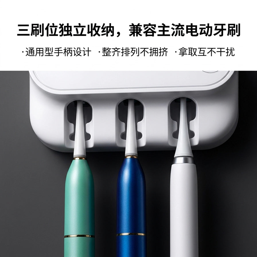 牙刷架底部特写图，展示三个独立卡槽结构，上方配有中文标题强调兼容主流电动牙刷。
