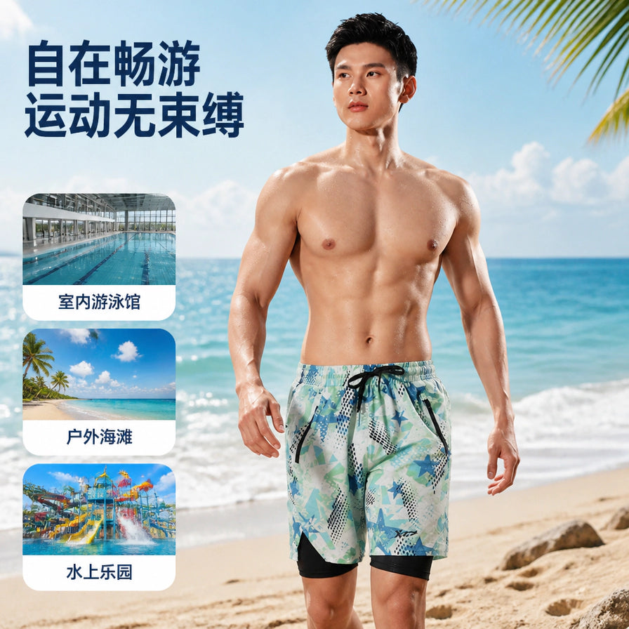 男士模特在海滩背景下展示特步泳裤，左侧展示室内游泳馆、户外海滩、水上乐园等使用场景。