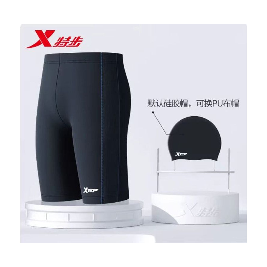 特步泳裤泳帽套装展示，包含黑色泳裤和硅胶泳帽，配有说明文字“默认硅胶帽，可换PU布帽”。