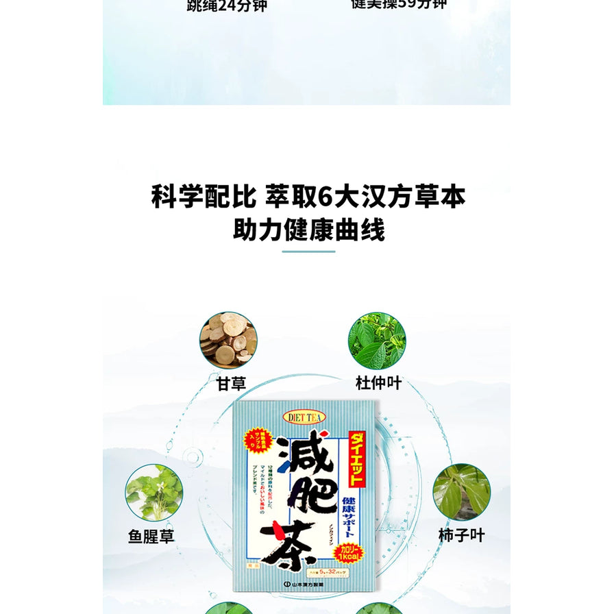 山本汉方减肥茶成分介绍图，展示了甘草、杜仲叶、鱼腥草、柿子叶等汉方草本原料。