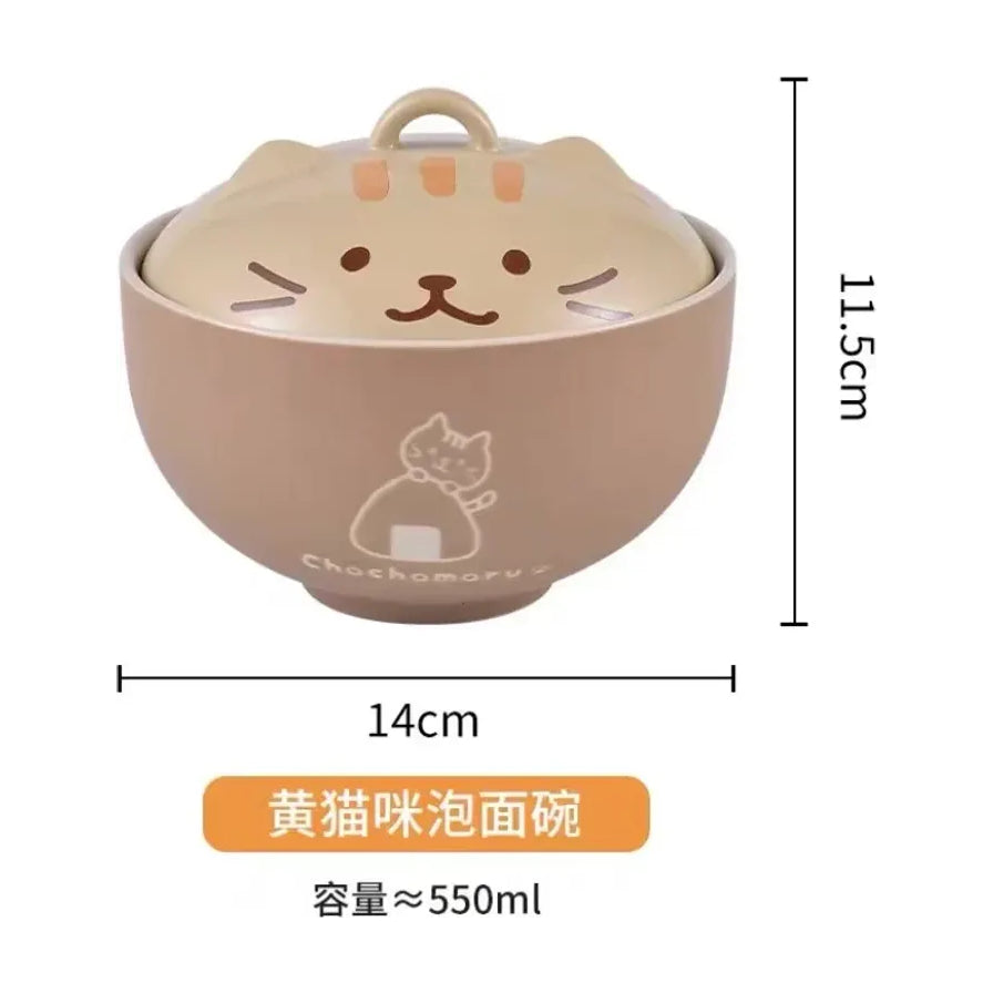 黄猫咪款式陶瓷泡面碗，标注尺寸为碗口直径14cm，含盖高度11.5cm，容量约550ml。
