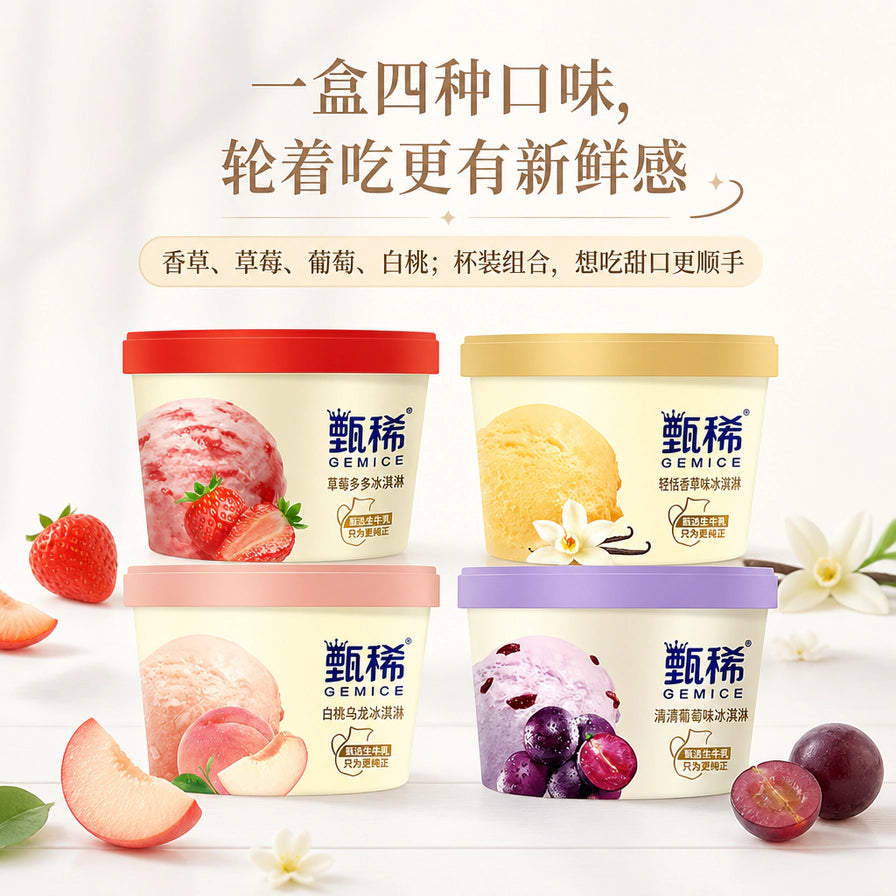 伊利甄稀四联杯冰淇淋宣传图，上方配有“一盒四种口味，轮着吃更有新鲜感”的中文卖点文字。