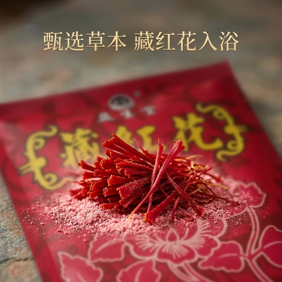 藏红花足浴粉产品特写，展示红色粉末与藏红花丝原料，背景为产品包装，上方有中文宣传语。