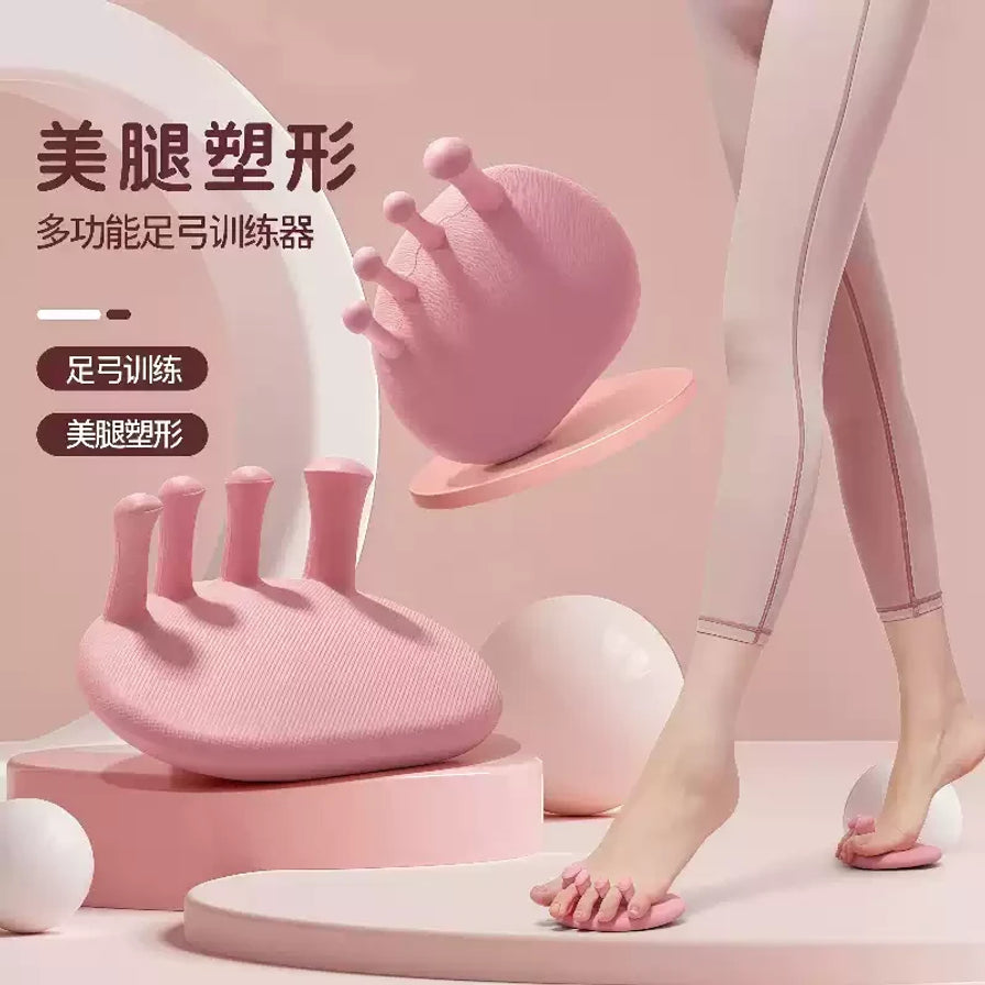 瑜伽足弓训练器宣传图，包含模特使用场景展示，配有美腿塑形、足弓训练等中文卖点文字。