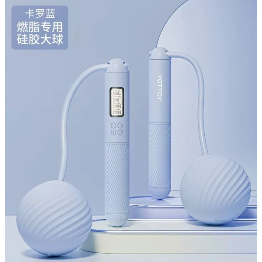 YOTTOY 蓝色无绳跳绳，左上角标有卡罗蓝、燃脂专用、硅胶大球等中文卖点文字。