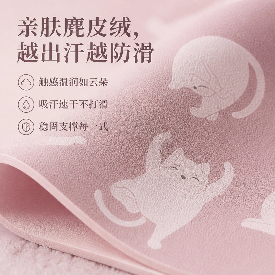 YOTTOY 麂皮绒瑜伽垫材质细节近拍，展示亲肤质感与猫咪印花，配有中文卖点说明：亲肤麂皮绒，越出汗越防滑。