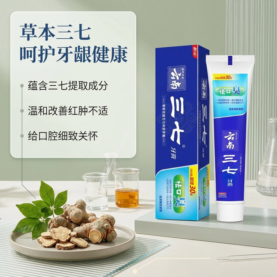 云南三七牙膏展示，左侧配有三七药材实物图及草本呵护、改善红肿等功效说明文字。