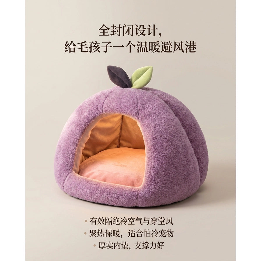 紫色蒙古包宠物窝展示图，上方配有“全封闭设计，给毛孩子一个温暖避风港”等中文卖点说明。
