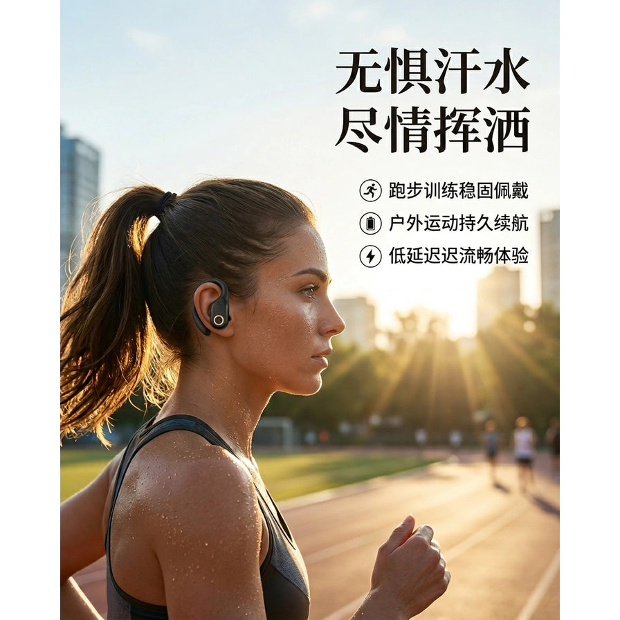 一名女性在户外跑步时佩戴 Z9 无线蓝牙运动耳机，画面配有“无惧汗水 尽情挥洒”等中文宣传文字。
