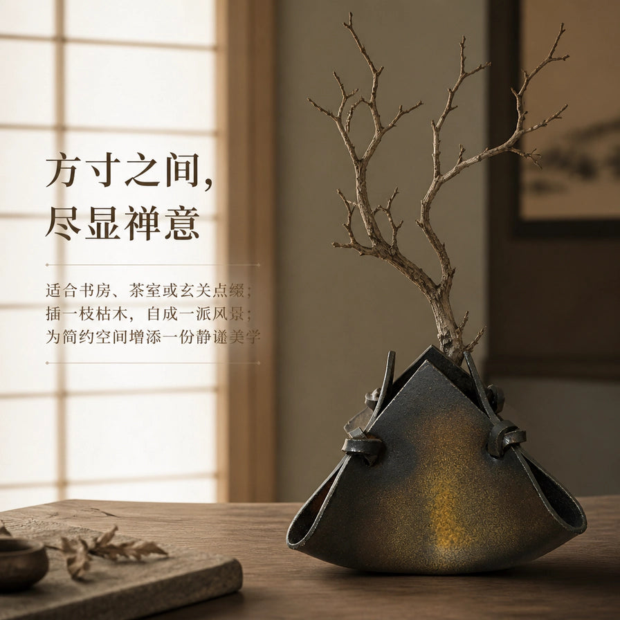 禅意桌面装饰场景，花瓶内插有枯木枝，背景为日式屏风，配有“方寸之间，尽显禅意”文字。