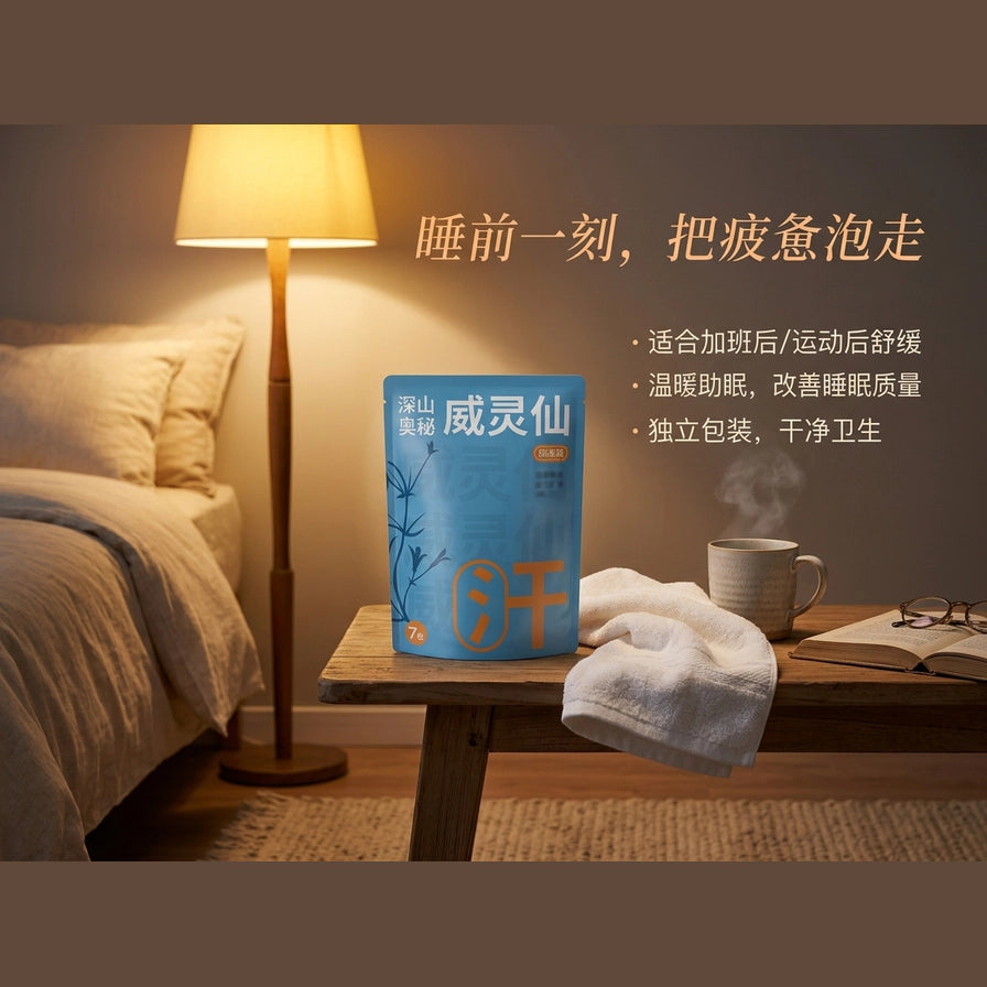 卧室床头柜场景图，产品置于台灯旁，配有睡前放松助眠的中文文案说明。