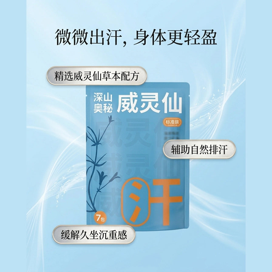 产品卖点宣传图，展示草本配方与排汗功效，配有中文说明标签和流动光效背景。