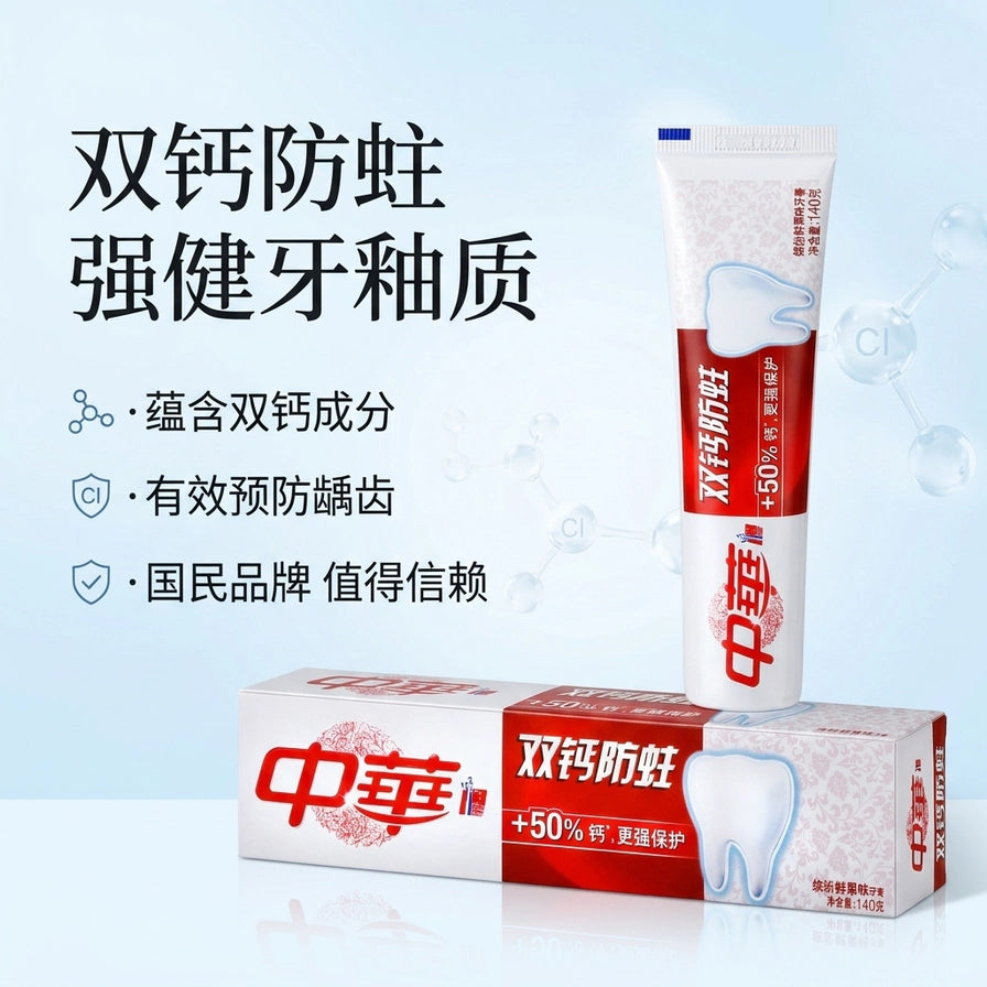 中华双钙防蛀牙膏宣传图，左侧配有强健牙釉质、预防龋齿等卖点文字，背景为淡蓝色科技感风格。