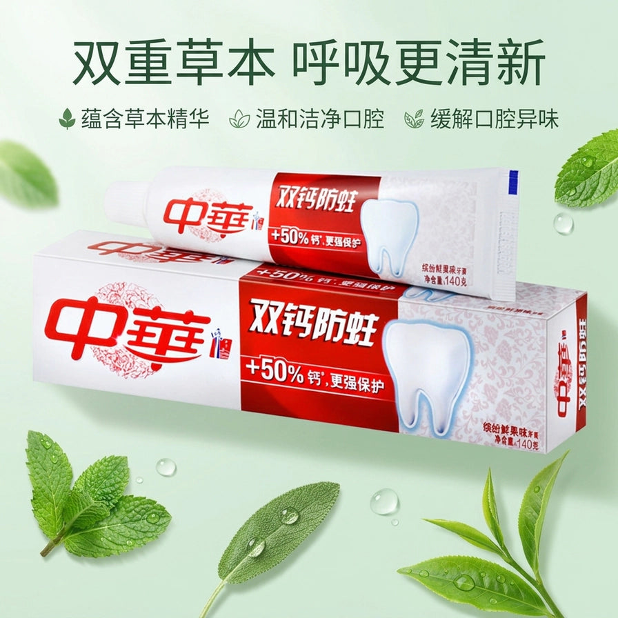 中华牙膏宣传海报，上方文字显示双重草本呼吸更清新，背景点缀有绿色薄荷叶，展示双钙防蛀款产品。