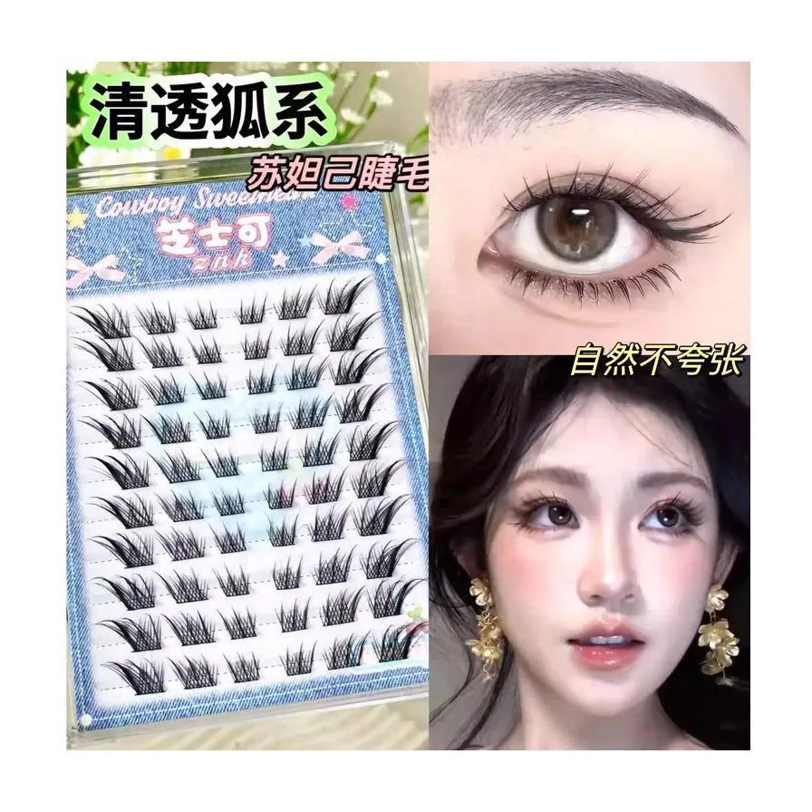 ZNK 假睫毛拼图展示，包含产品包装、眼部佩戴特写及模特妆容效果，配有清透狐系等中文宣传文字。