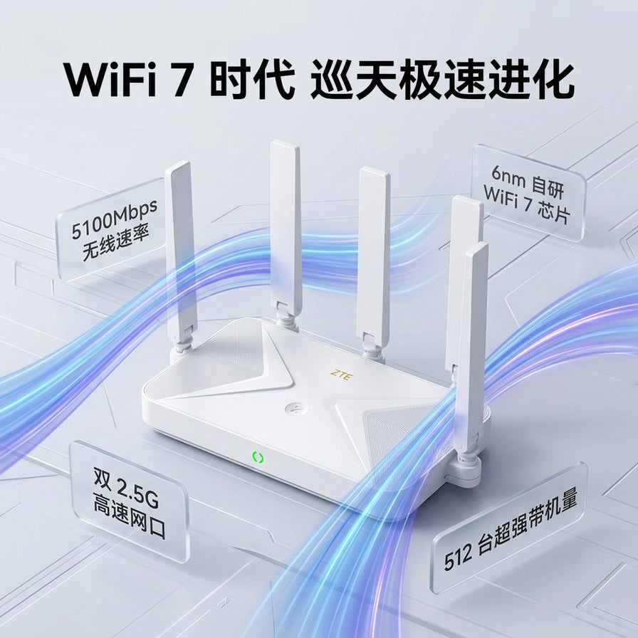 中兴 WiFi 7 路由器卖点图，标注 5100Mbps 无线速率、6nm 自研芯片、双 2.5G 网口及 512 台带机量。