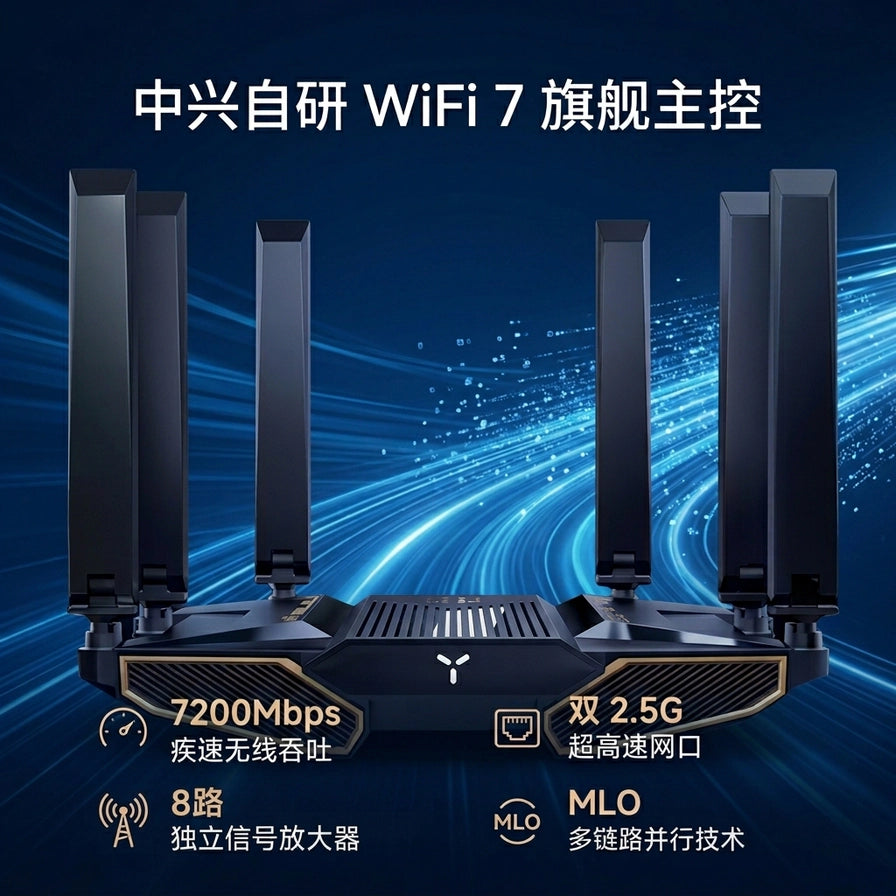 中兴问天BE7200 Pro+ WiFi 7路由器卖点图，标注有自研芯片、7200Mbps速率、双2.5G网口及8路信号放大器等中文说明。