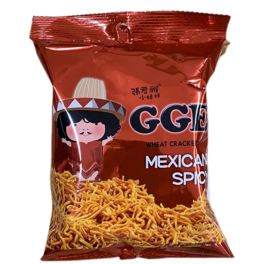 张君雅小妹妹GGE墨西哥辣味拉面条饼红色包装袋，展示了细碎酥脆的干吃面。