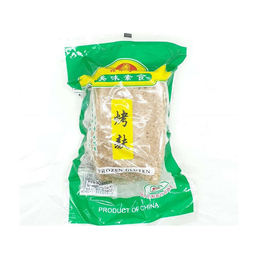 张小宝烤麸300g包装图，绿色透明包装袋，中间黄色标签印有“烤麸”二字，底部标有Frozen Gluten和Product of China。