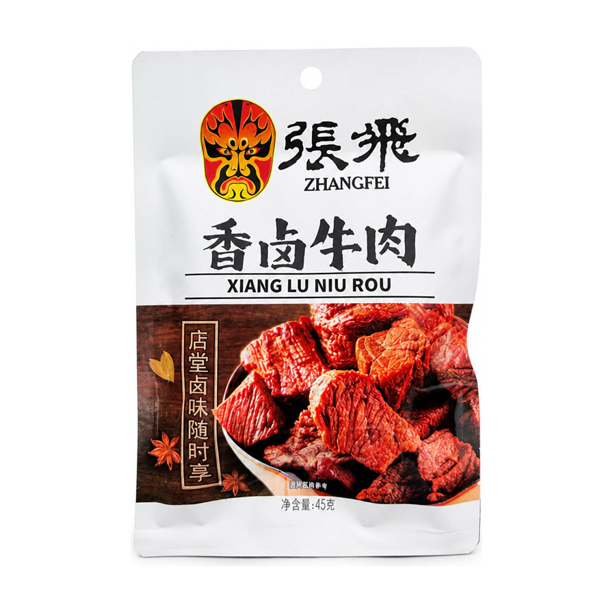 张飞鲜卤金钱牛腩45g包装正面图，白色背景，包装上印有张飞脸谱标志、香卤牛肉字样及诱人的卤牛肉块图案。