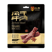 张飞风干牛肉五香味36g包装正面图，展示了草饲牛肉干产品、张飞品牌Logo、高蛋白含量标识及五香味说明。
