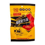 真香植香肥牛味大豆素肉80克包装正面图，黄色与红色主色调，标有大豆制品和素食风味字样。