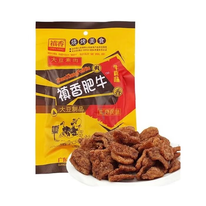 禛香肥牛味大豆素肉包装细节图，展示独立小包装与产品纹理